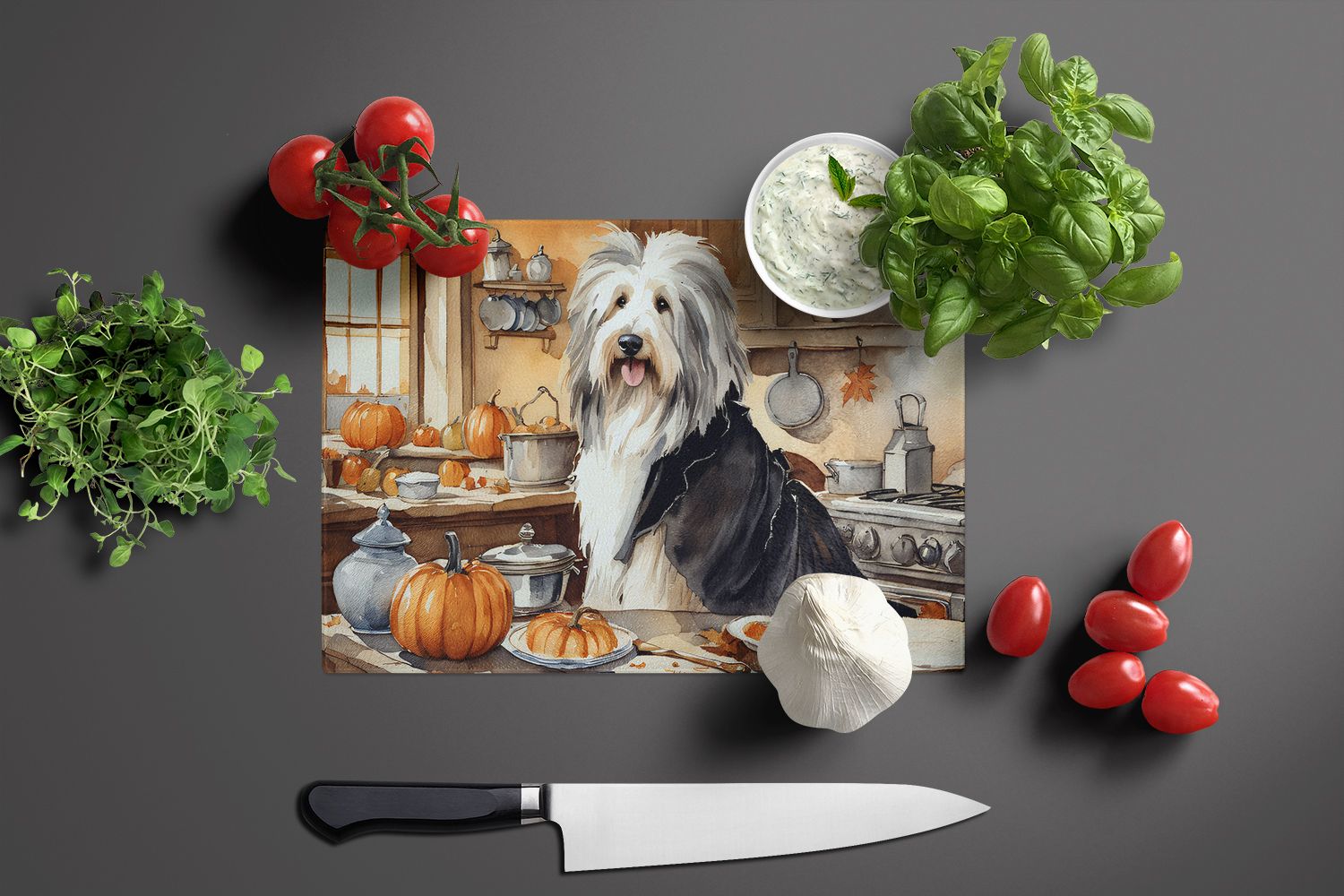 NEW Bearded Collie Fall Kitchen Pumpkins Glass Cutting Board Decorative Tempered Glass Kitchen Cutting and Serving Board Large Size Chopping Board