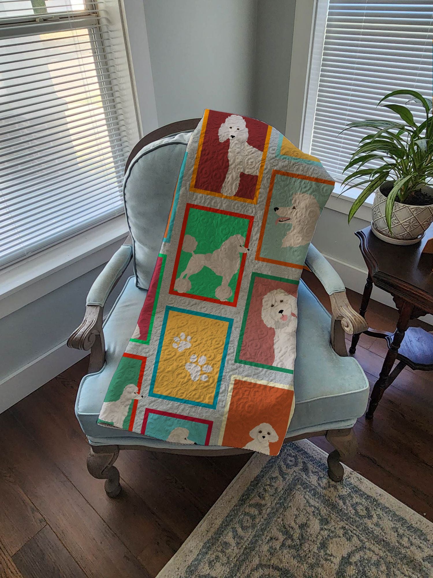 Lots of White Standard Poodle Quilted Blanket 50x60 Artwork Pattern Quilted Throw Blanket for Bed, Couch, Sofa, Soft and Lightweight