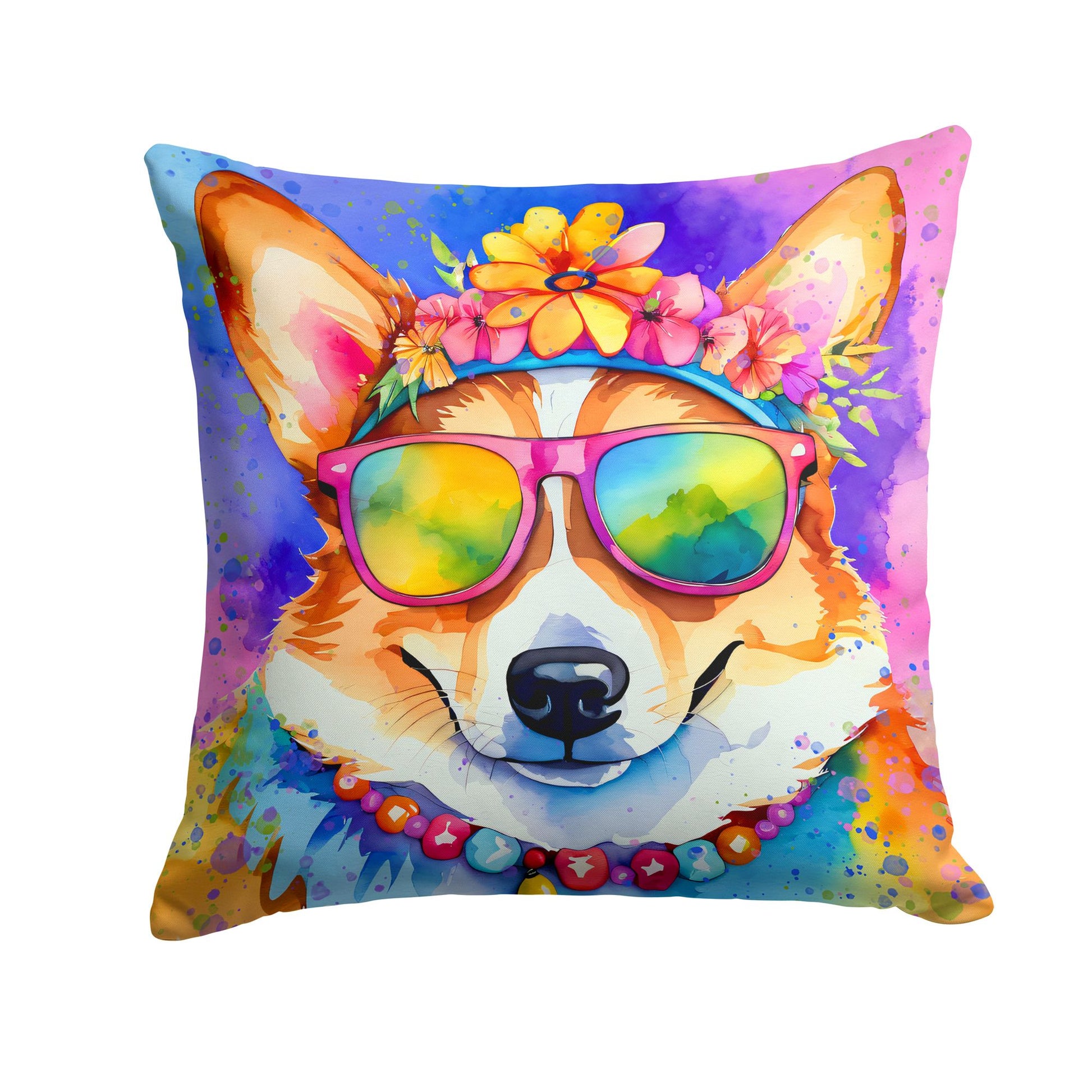 Corgi Hippie Dawg Throw Pillow Machine Washable, Indoor Outdoor Decorative Pillow for Couch, Bed or Patio, 14Hx14W
