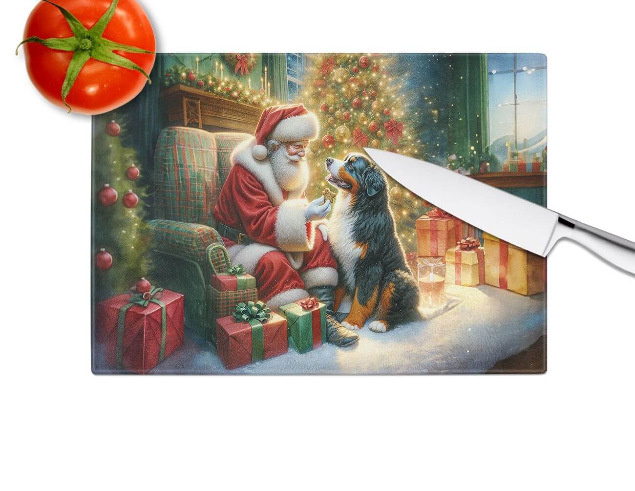 NEW Bernese Mountain Dog and Santa Claus Glass Cutting Board Decorative Tempered Glass Kitchen Cutting and Serving Board Large Size Chopping Board
