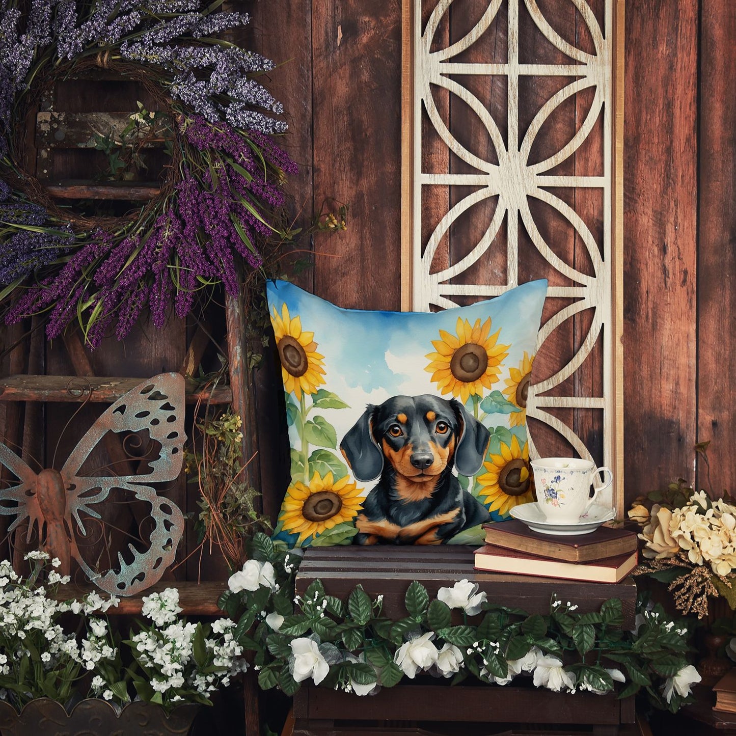 Dachshund in Sunflowers Throw Pillow Machine Washable, Indoor Outdoor Decorative Pillow for Couch, Bed or Patio, 14Hx14W