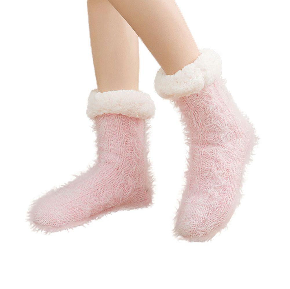 Pure Color Thick Warm Fuzzy Cozy Slipper Socks for Christmas Womens Winter Warm, Pink - Clothes For Her Online Store