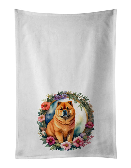 Chow Chow and Flowers Kitchen Towel Set of 2 White Dish Towels Decorative Bathroom Hand towel for Hand, Face, Hair, Yoga, Tea, Dishcloth, 19 X 28", White