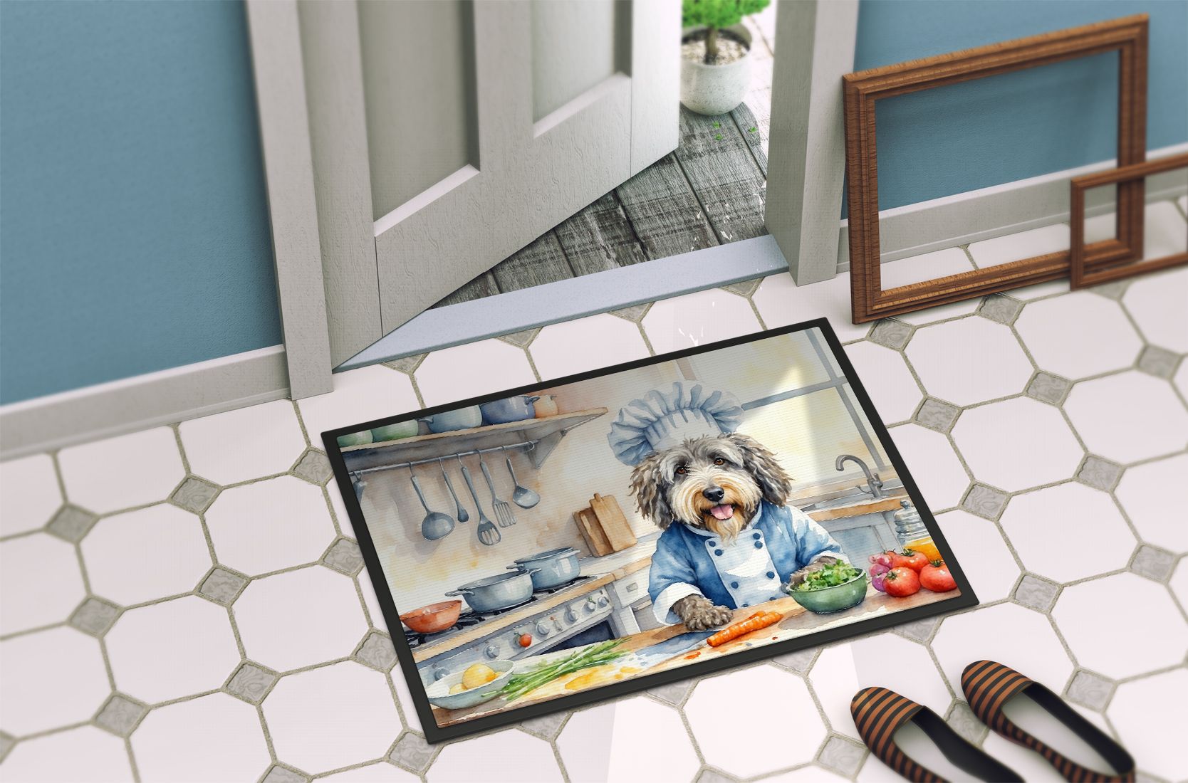 Bergamasco Sheepdog The Chef Doormat Front Door Mat Indoor Outdoor Rugs for Entryway, Non Slip Washable Low Pile, 24H X 36W