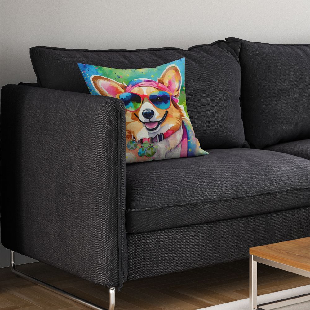 Corgi Hippie Dawg Throw Pillow Machine Washable, Indoor Outdoor Decorative Pillow for Couch, Bed or Patio, 14Hx14W