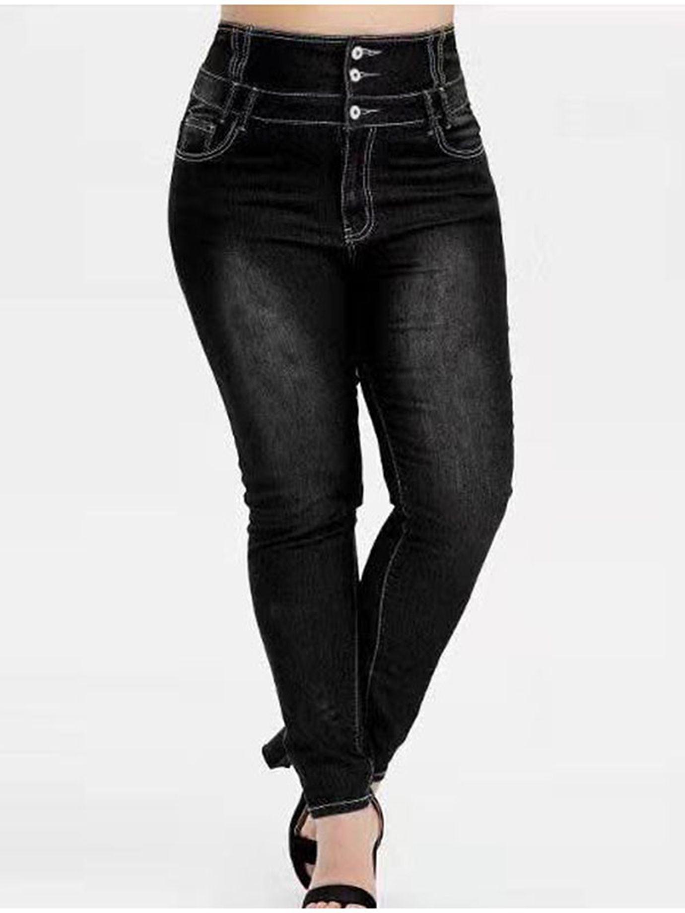 Plus Size High Rise Button Fly Skinny Jeans; Women's Plus Medium Stretch Skinny Pants