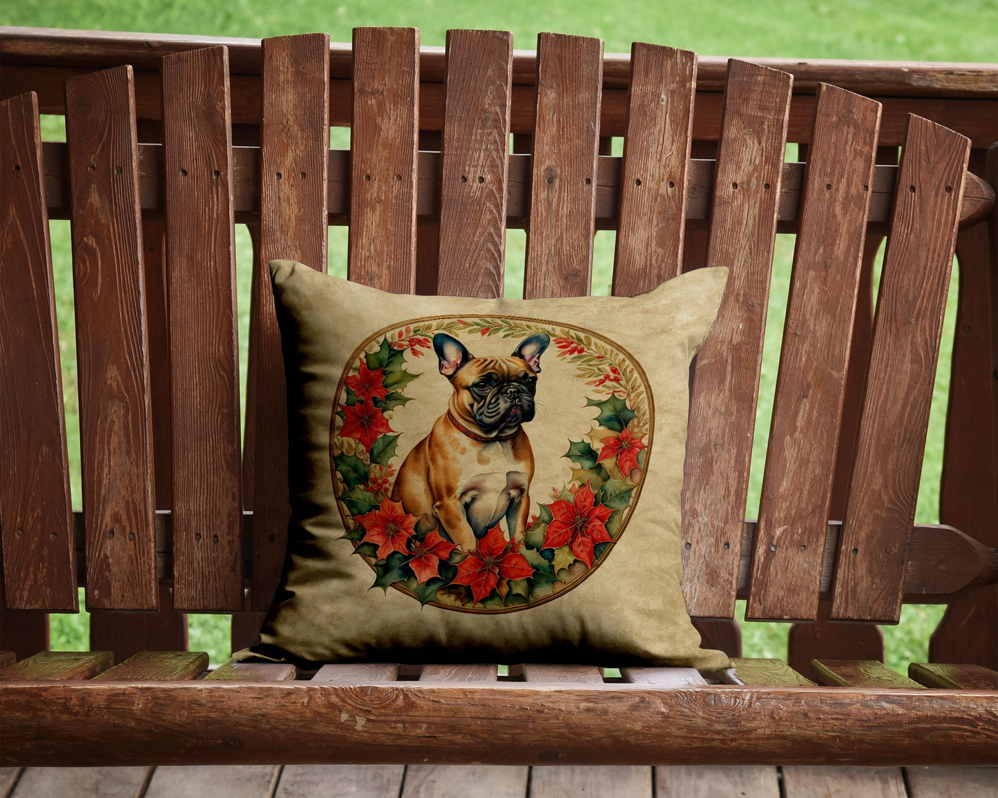 French Bulldog Christmas Flowers Throw Pillow Machine Washable, Indoor Outdoor Decorative Pillow for Couch, Bed or Patio, 14Hx14W