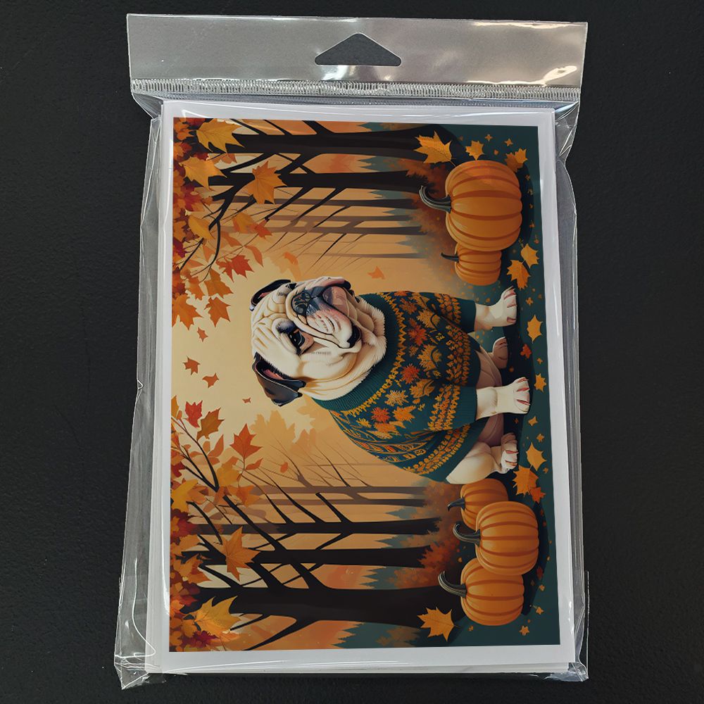 White English Bulldog Fall Greeting Cards Pack of 8 Blank Cards with Envelopes Whimsical A7 Size 5x7 Blank Note Cards