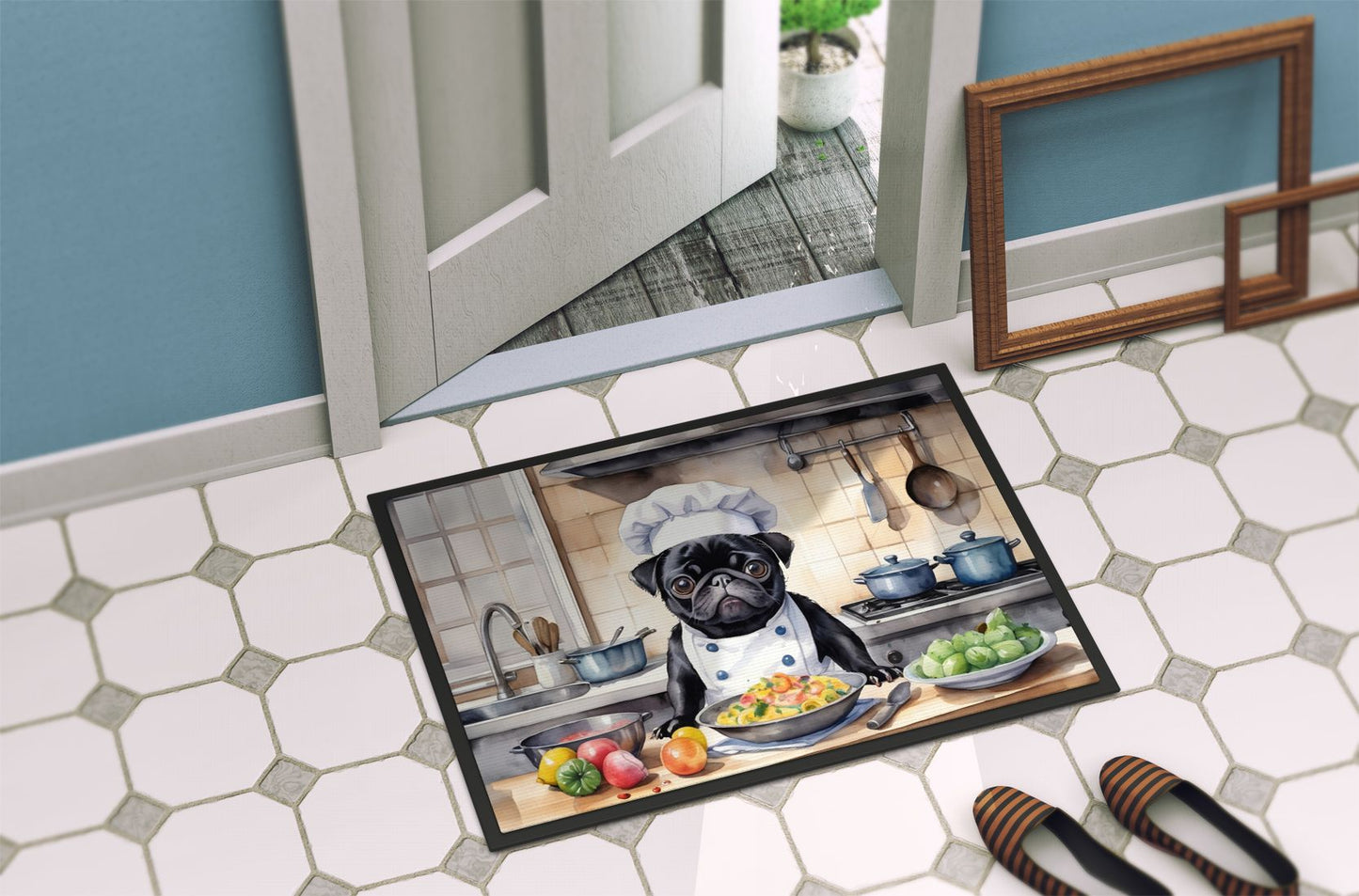 Pug The Chef Doormat Front Door Mat Indoor Outdoor Rugs for Entryway, Non Slip Washable Low Pile, 24H X 36W
