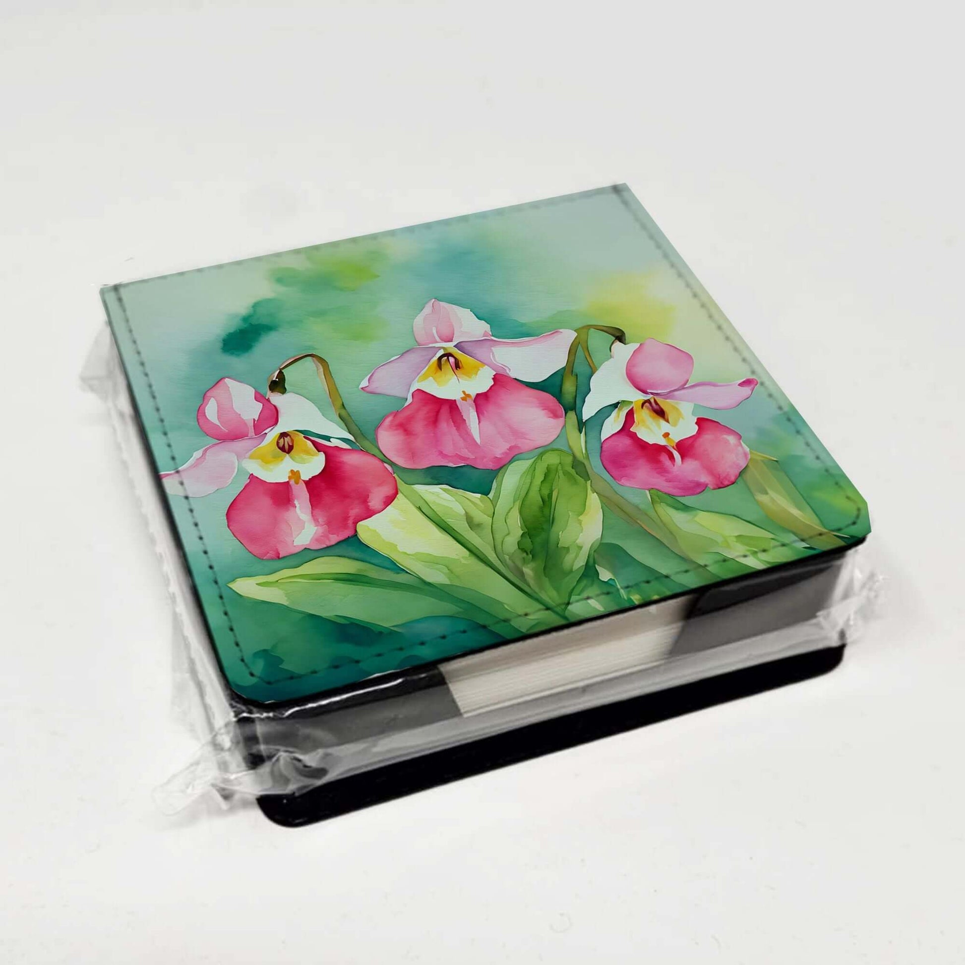 Minnesota Pink and White Lady's Slippers in Watercolor PU Leather Note Paper Holder with Artist-Designed Cover, Desk Accessory, Office Gift