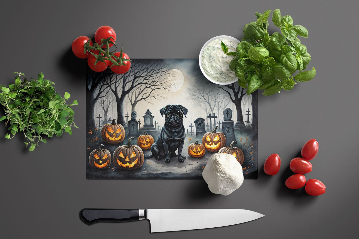 NEW Black Pug Spooky Halloween Glass Cutting Board Decorative Tempered Glass Kitchen Cutting and Serving Board Large Size Chopping Board