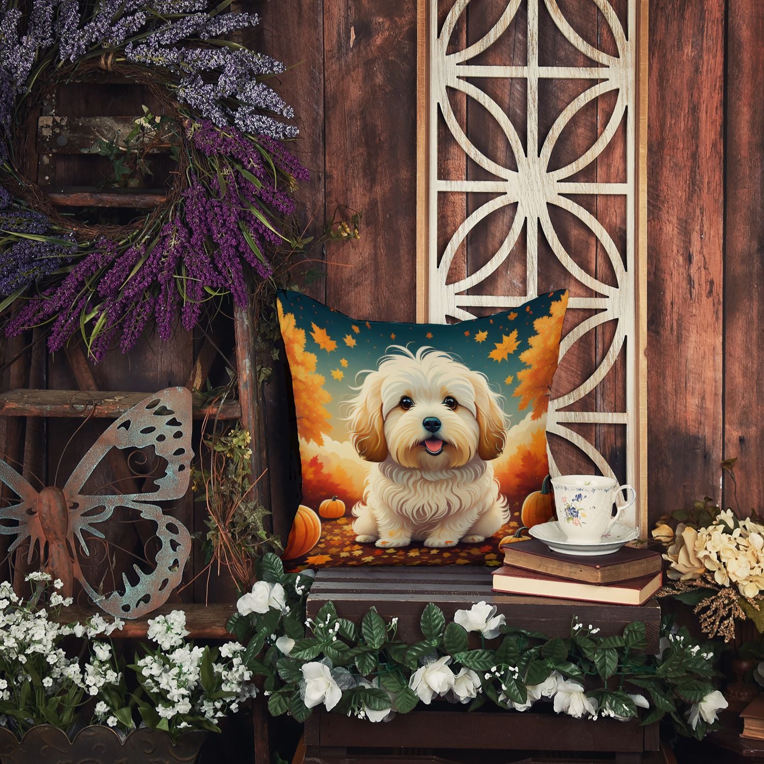 Coton De Tulear Fall Throw Pillow Machine Washable, Indoor Outdoor Decorative Pillow for Couch, Bed or Patio, 18Hx18W