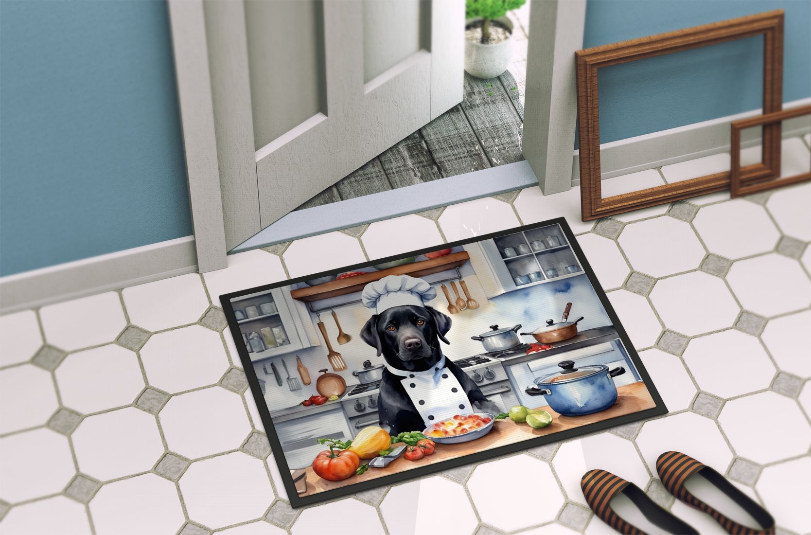 Black Labrador Retriever The Chef Doormat Front Door Mat Indoor Outdoor Rugs for Entryway, Non Slip Washable Low Pile, 24H X 36W