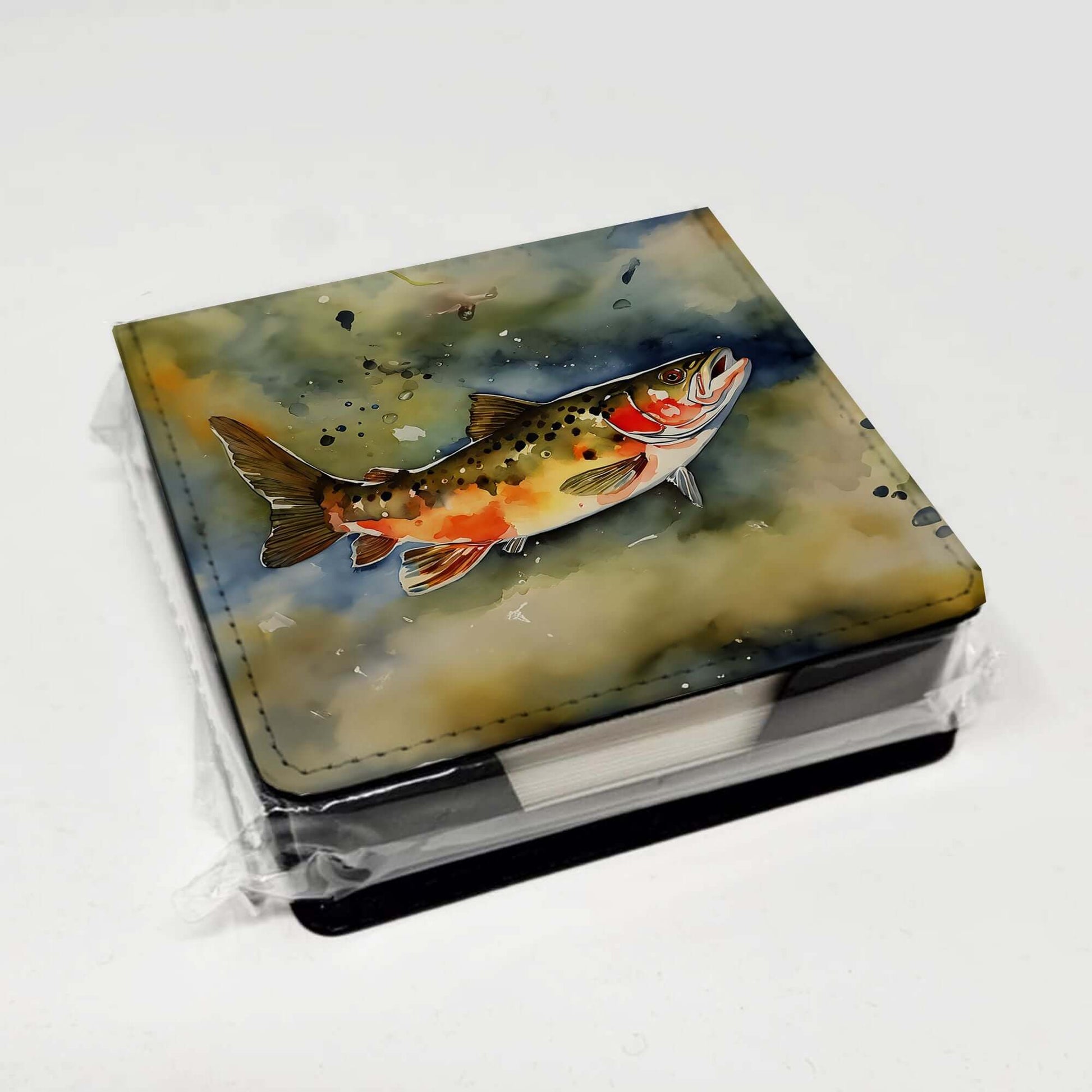 Brook Trout PU Leather Note Paper Holder with Artist-Designed Cover, Desk Accessory, Office Gift