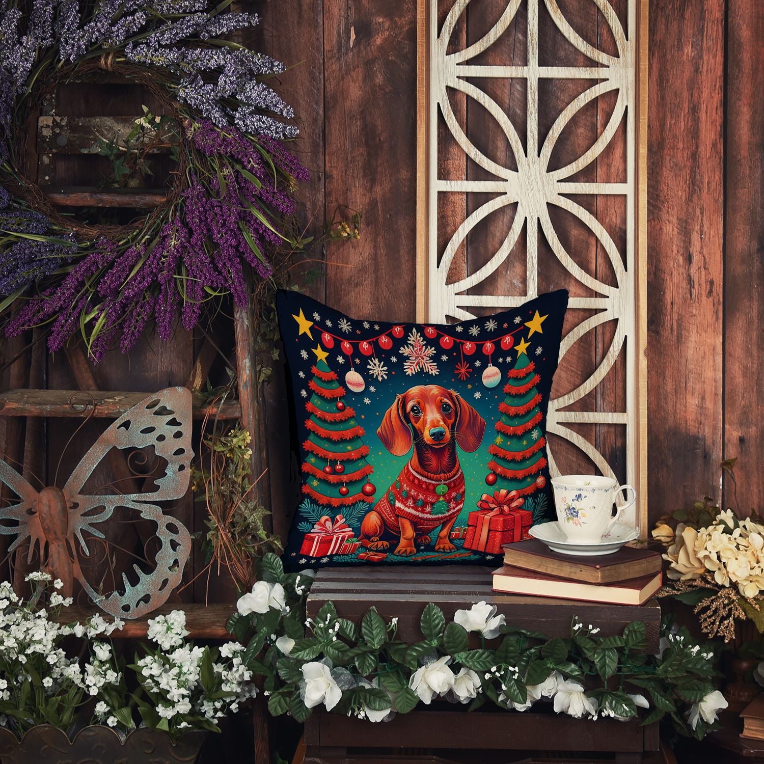 Dachshund Christmas Throw Pillow Machine Washable, Indoor Outdoor Decorative Pillow for Couch, Bed or Patio, 14Hx14W