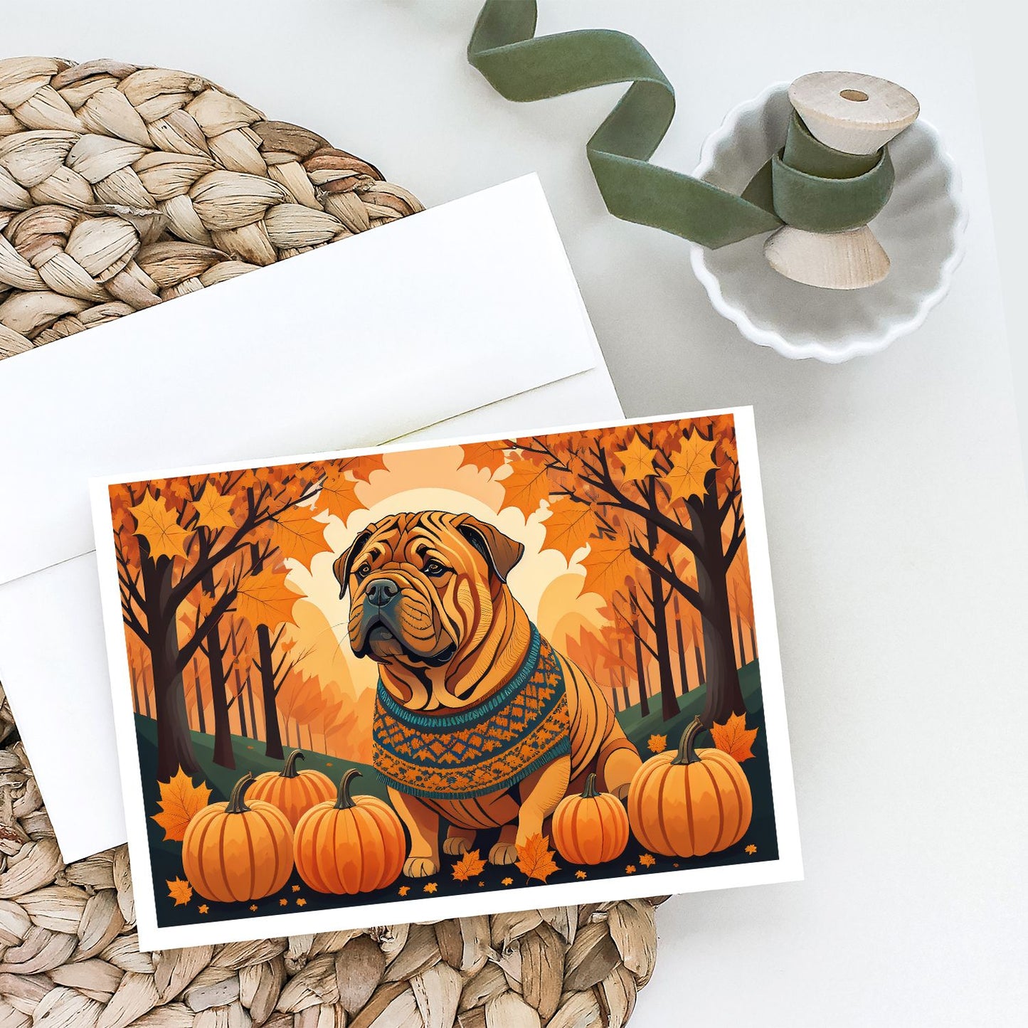 Shar Pei Fall Greeting Cards Pack of 8 Blank Cards with Envelopes Whimsical A7 Size 5x7 Blank Note Cards
