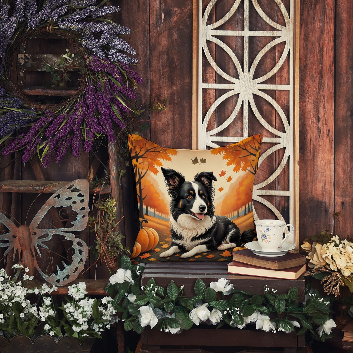 Border Collie Fall Throw Pillow Machine Washable, Indoor Outdoor Decorative Pillow for Couch, Bed or Patio, 14Hx14W