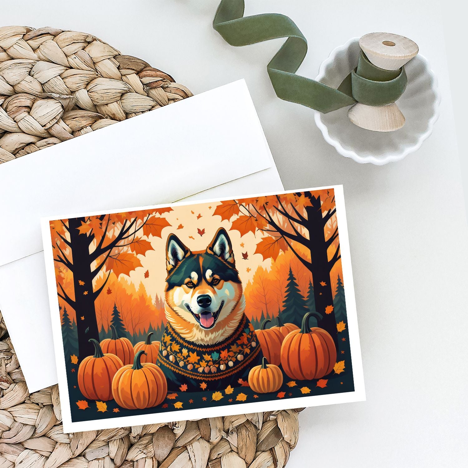 Akita Fall Greeting Cards Pack of 8 Blank Cards with Envelopes Whimsical A7 Size 5x7 Blank Note Cards