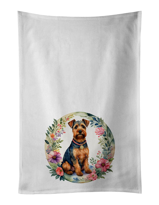 Welsh Terrier and Flowers Kitchen Towel Set of 2 White Dish Towels Decorative Bathroom Hand towel for Hand, Face, Hair, Yoga, Tea, Dishcloth, 19 X 28", White