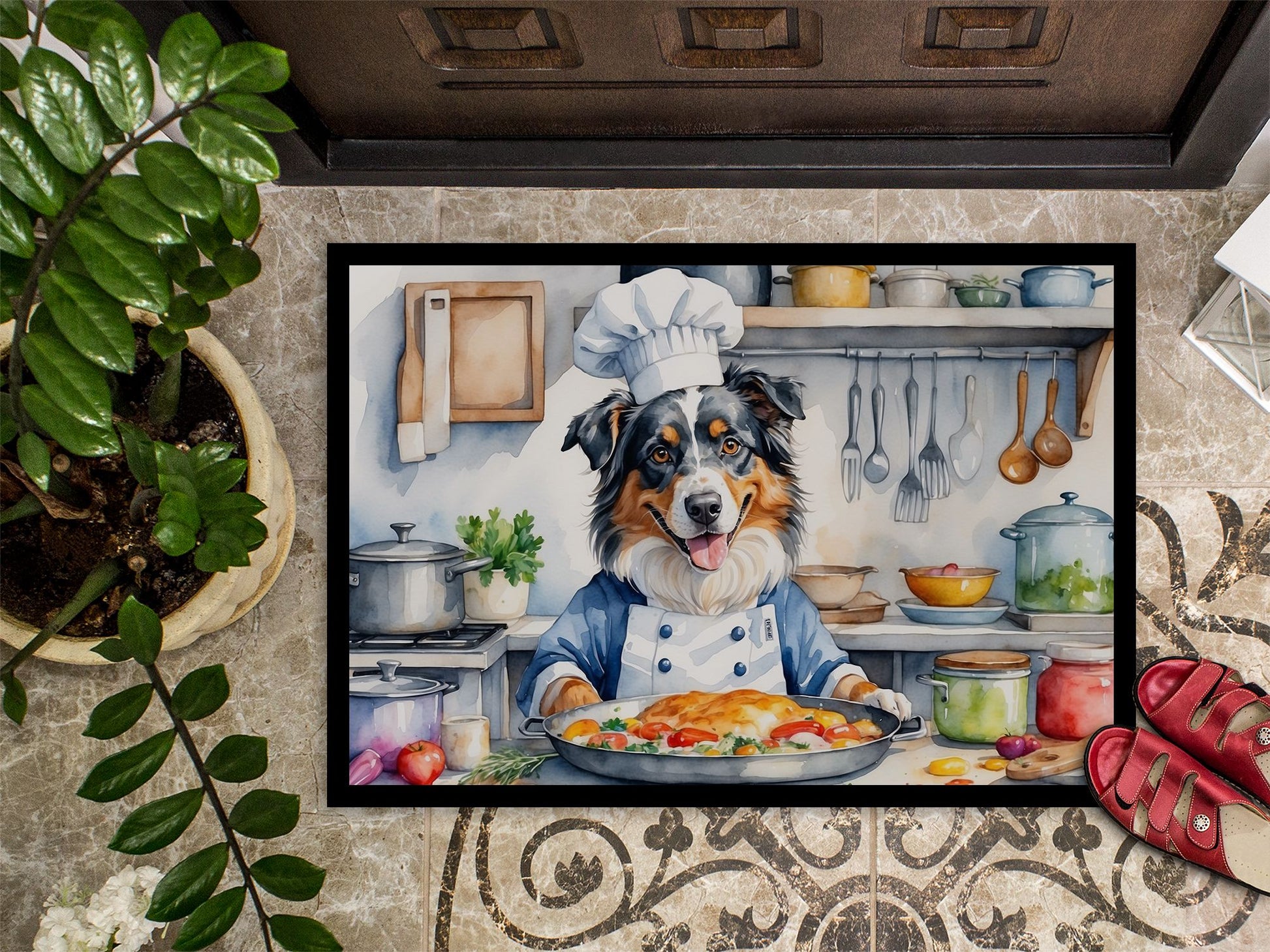 Australian Shepherd The Chef Doormat Front Door Mat Indoor Outdoor Rugs for Entryway, Non Slip Washable Low Pile, 24H X 36W
