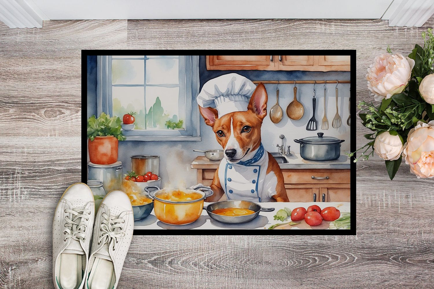 Basenji The Chef Doormat Front Door Mat Indoor Outdoor Rugs for Entryway, Non Slip Washable Low Pile, 24H X 36W