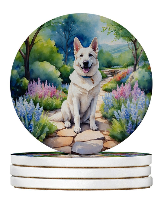 German Shepherd Spring Path Large Sandstone Coasters Pack of 4 Absorbent Round Coasters Decor Gifts for Men or Women, 4 in, Multicolor