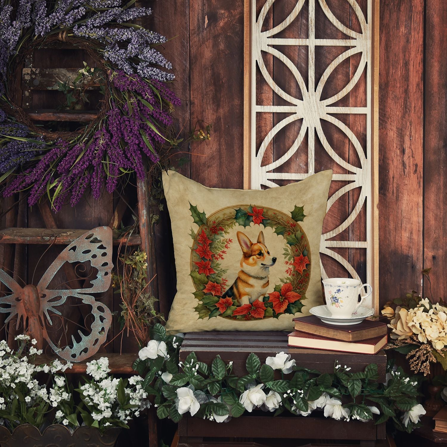Corgi Christmas Flowers Throw Pillow Machine Washable, Indoor Outdoor Decorative Pillow for Couch, Bed or Patio, 14Hx14W