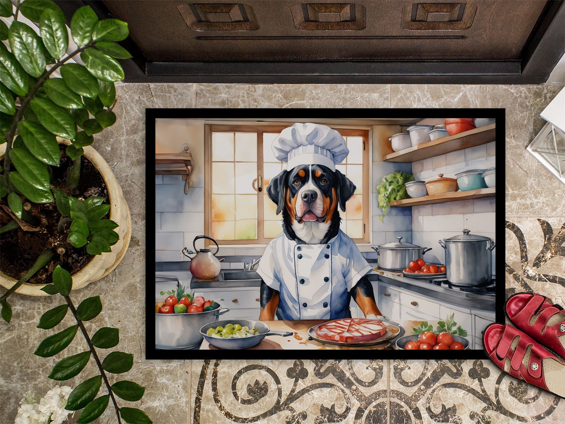 Greater Swiss Mountain Dog The Chef Doormat Front Door Mat Indoor Outdoor Rugs for Entryway, Non Slip Washable Low Pile, 24H X 36W