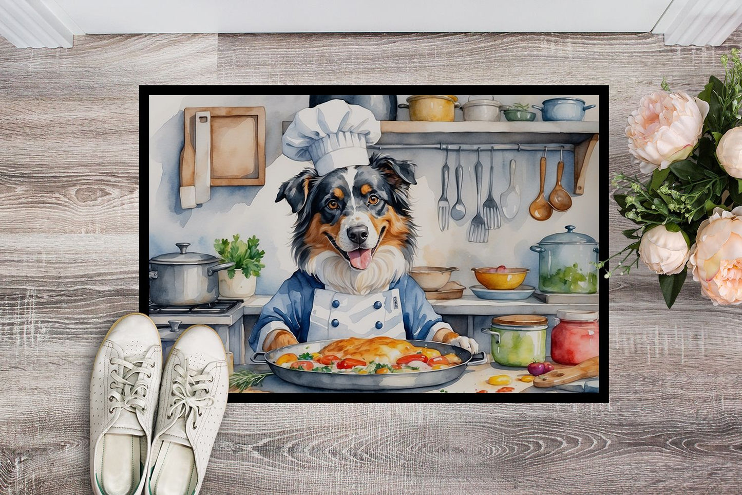 Australian Shepherd The Chef Doormat Front Door Mat Indoor Outdoor Rugs for Entryway, Non Slip Washable Low Pile, 24H X 36W