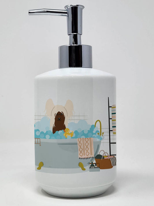 Cream Chinese Crested in Bathtub Ceramic Soap Dispenser Hand Soap Dispenser Pump Bottles for Bathroom Kitchen, Empty Refillable Liquid Soap Container