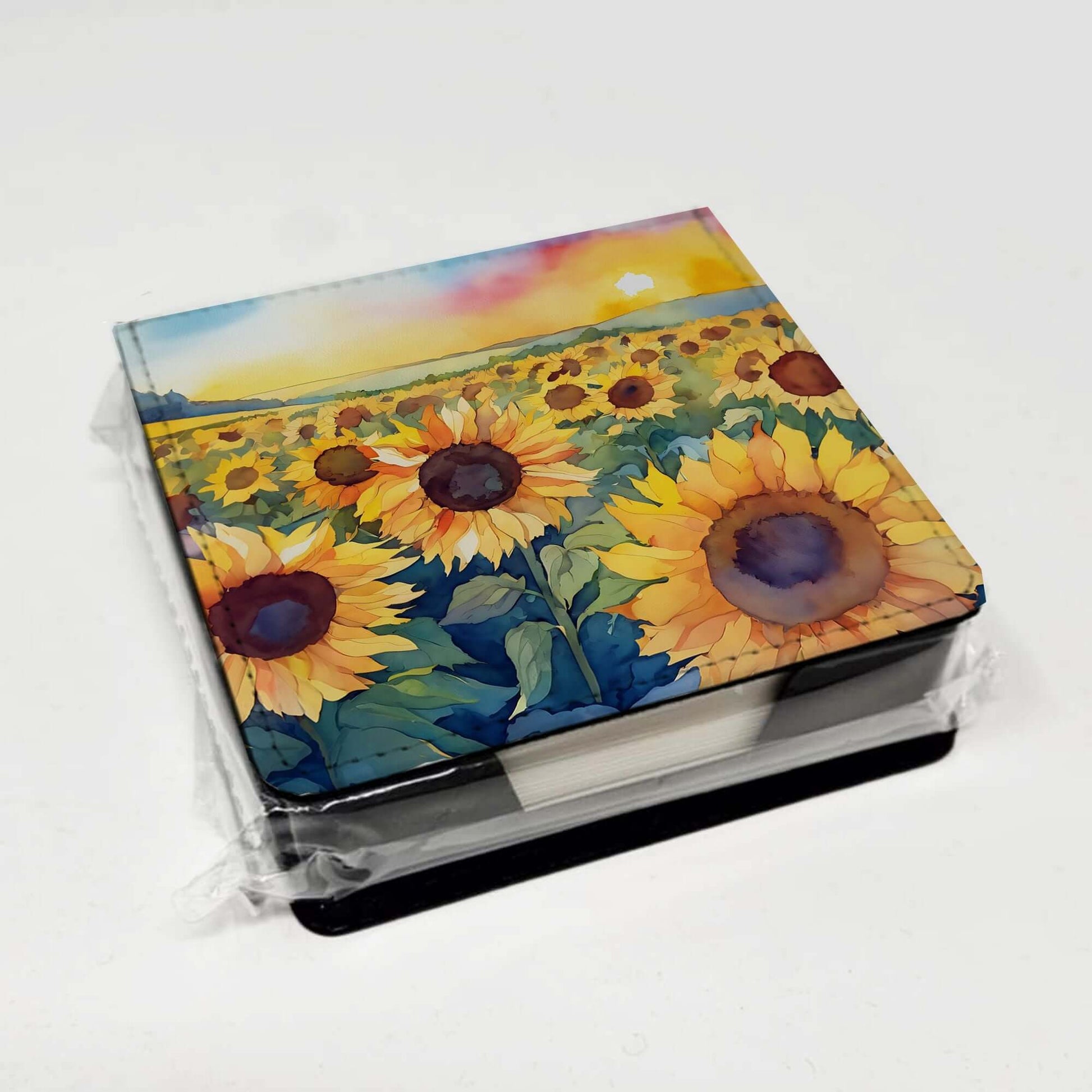 Kansas Sunflowers in Watercolor PU Leather Note Paper Holder with Artist-Designed Cover, Desk Accessory, Office Gift