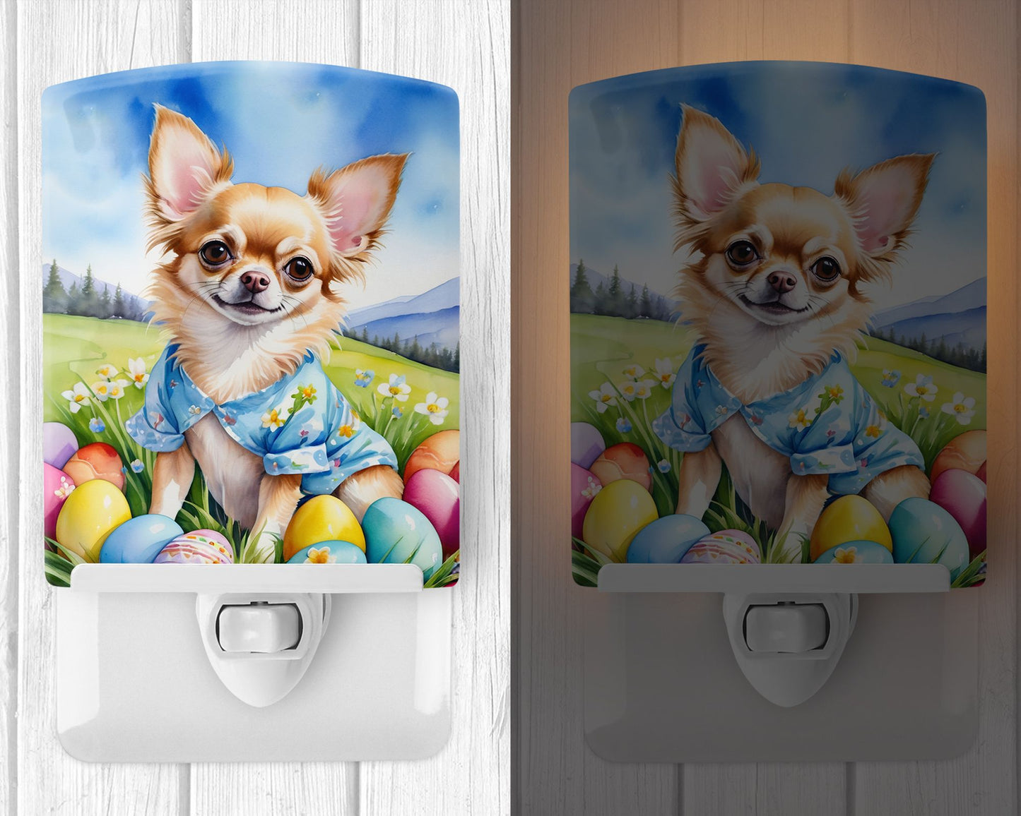 NEW Chihuahua Easter Egg Hunt Ceramic Night Light Compact, UL-Certified, Ideal for Bedroom, Bathroom, Nursery, Hallway, Kitchen, 6x4x3, Multicolor