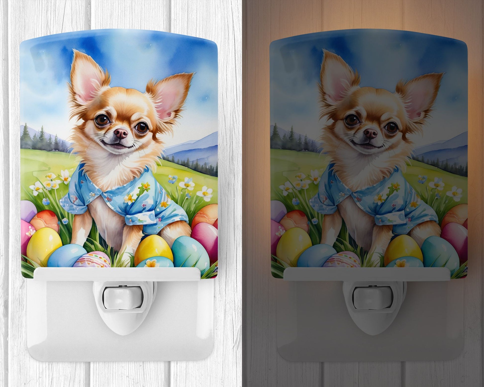 NEW Chihuahua Easter Egg Hunt Ceramic Night Light Compact, UL-Certified, Ideal for Bedroom, Bathroom, Nursery, Hallway, Kitchen, 6x4x3, Multicolor