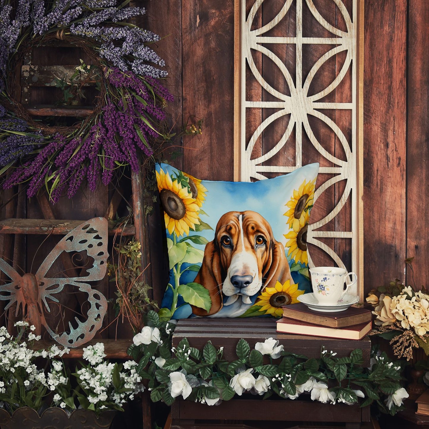 Basset Hound in Sunflowers Throw Pillow Machine Washable, Indoor Outdoor Decorative Pillow for Couch, Bed or Patio, 14Hx14W