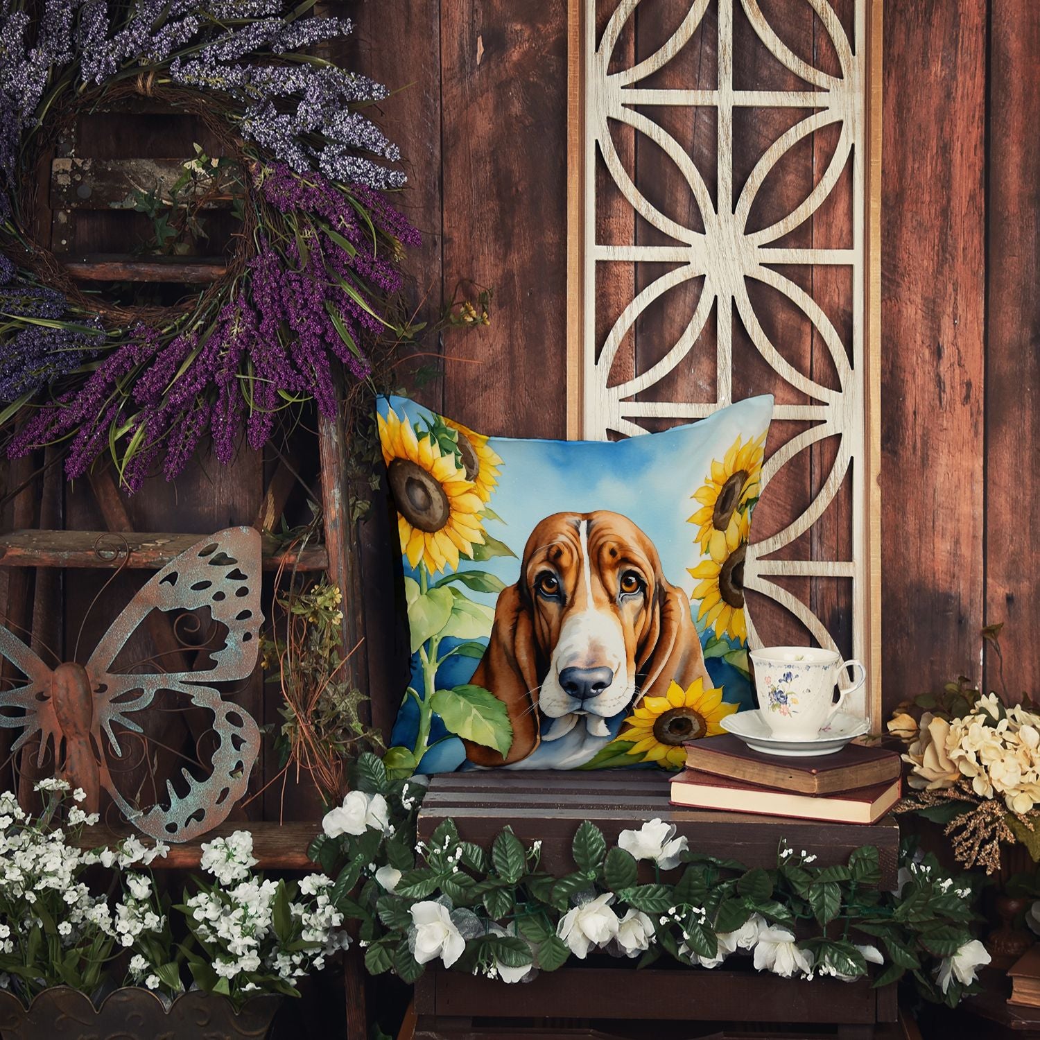 Basset Hound in Sunflowers Throw Pillow Machine Washable, Indoor Outdoor Decorative Pillow for Couch, Bed or Patio, 14Hx14W