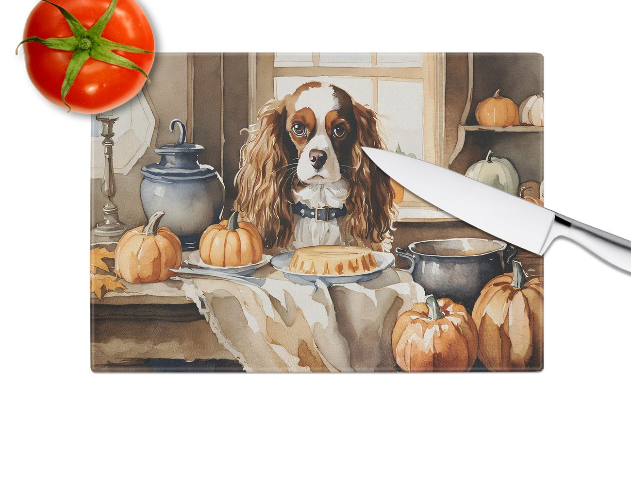NEW Cavalier Spaniel Fall Kitchen Pumpkins Glass Cutting Board Decorative Tempered Glass Kitchen Cutting and Serving Board Large Size Chopping Board