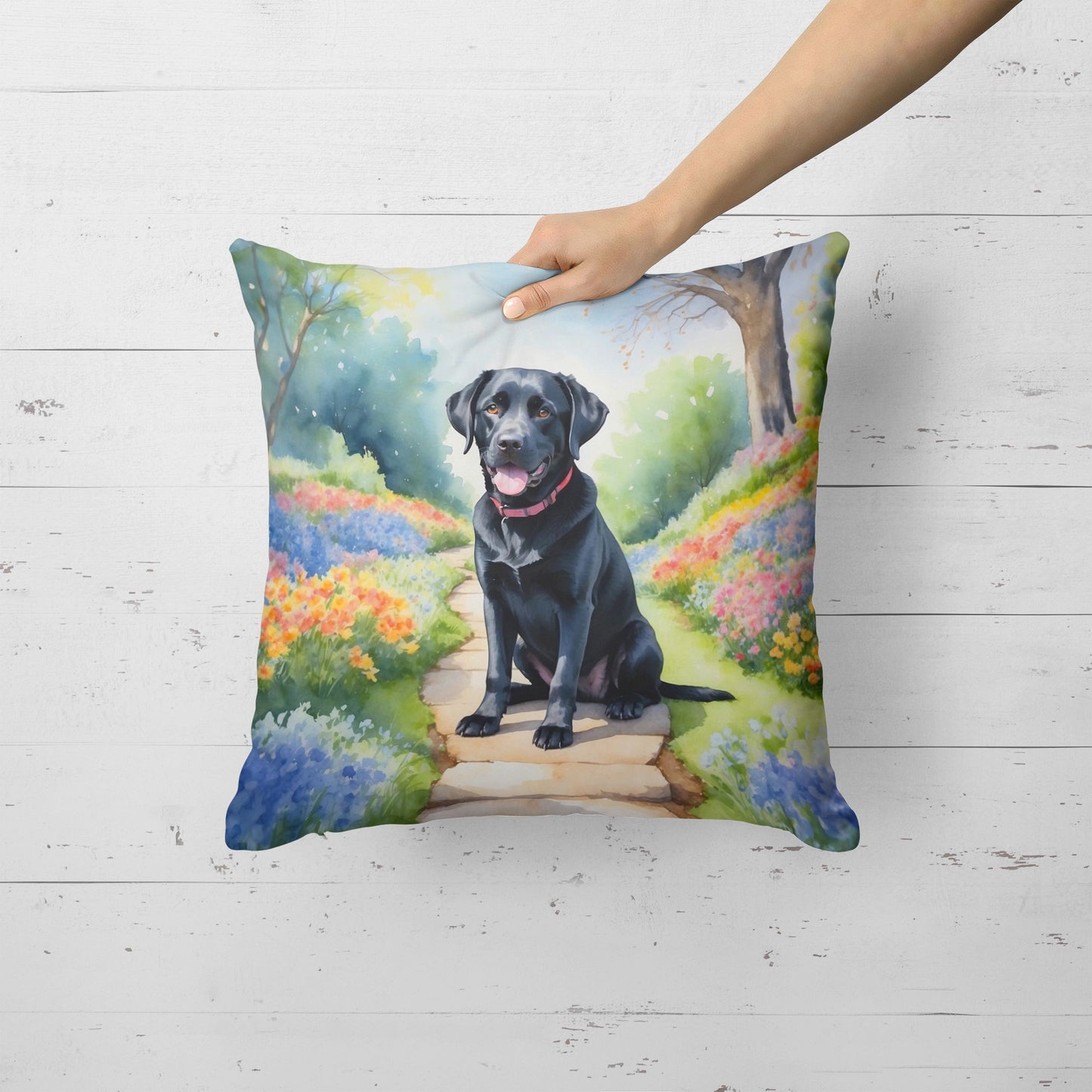 Labrador Retriever Spring Path Throw Pillow Machine Washable, Indoor Outdoor Decorative Pillow for Couch, Bed or Patio, 18Hx18W