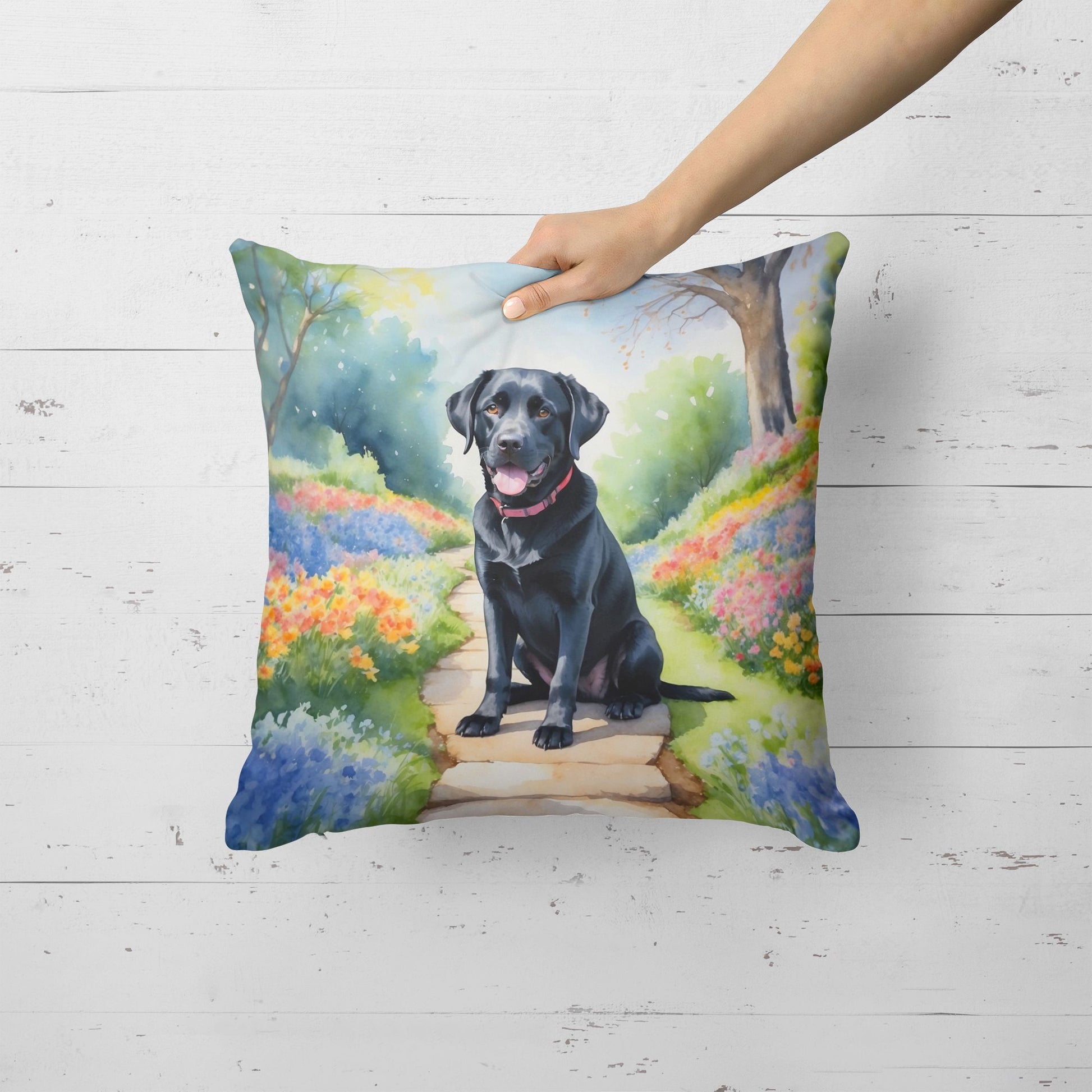 Labrador Retriever Spring Path Throw Pillow Machine Washable, Indoor Outdoor Decorative Pillow for Couch, Bed or Patio, 18Hx18W