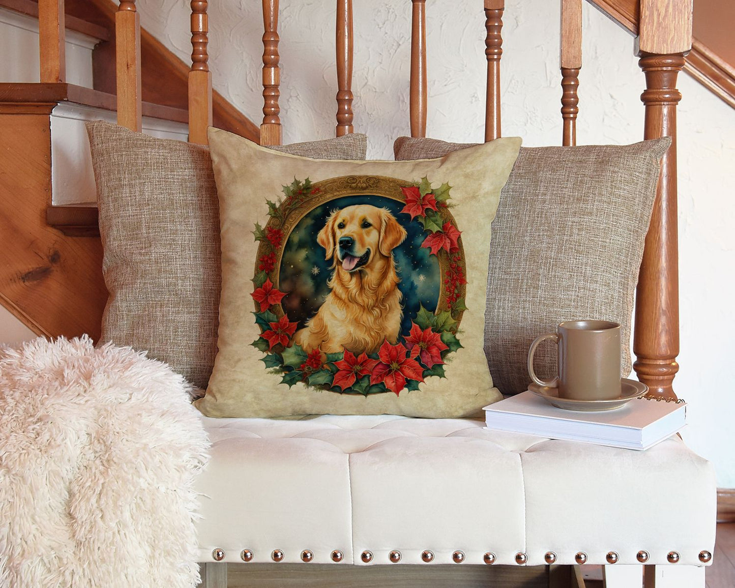Golden Retriever Christmas Flowers Throw Pillow Machine Washable, Indoor Outdoor Decorative Pillow for Couch, Bed or Patio, 14Hx14W