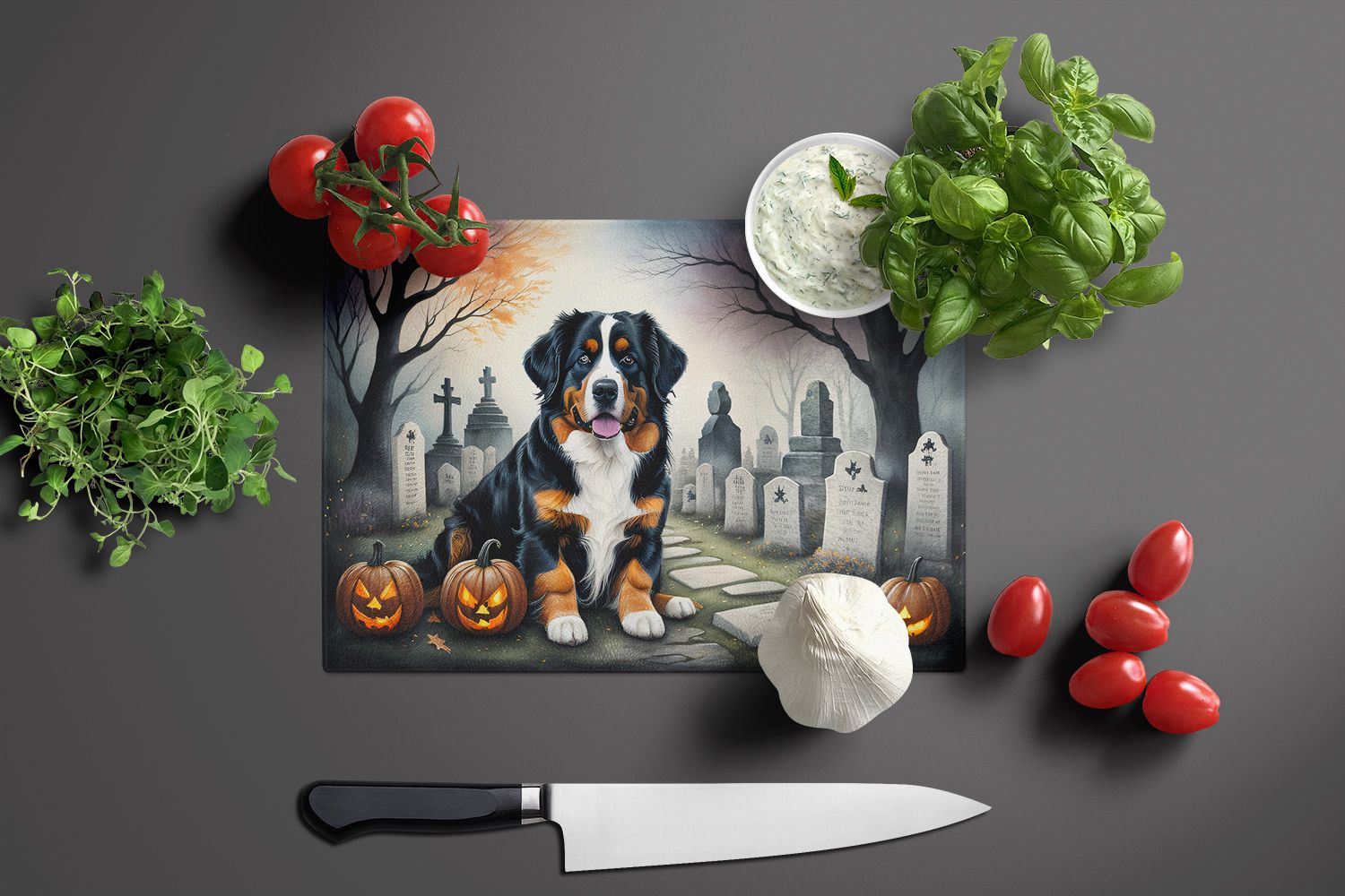 NEW Bernese Mountain Dog Spooky Halloween Glass Cutting Board Decorative Tempered Glass Kitchen Cutting and Serving Board Large Size Chopping Board