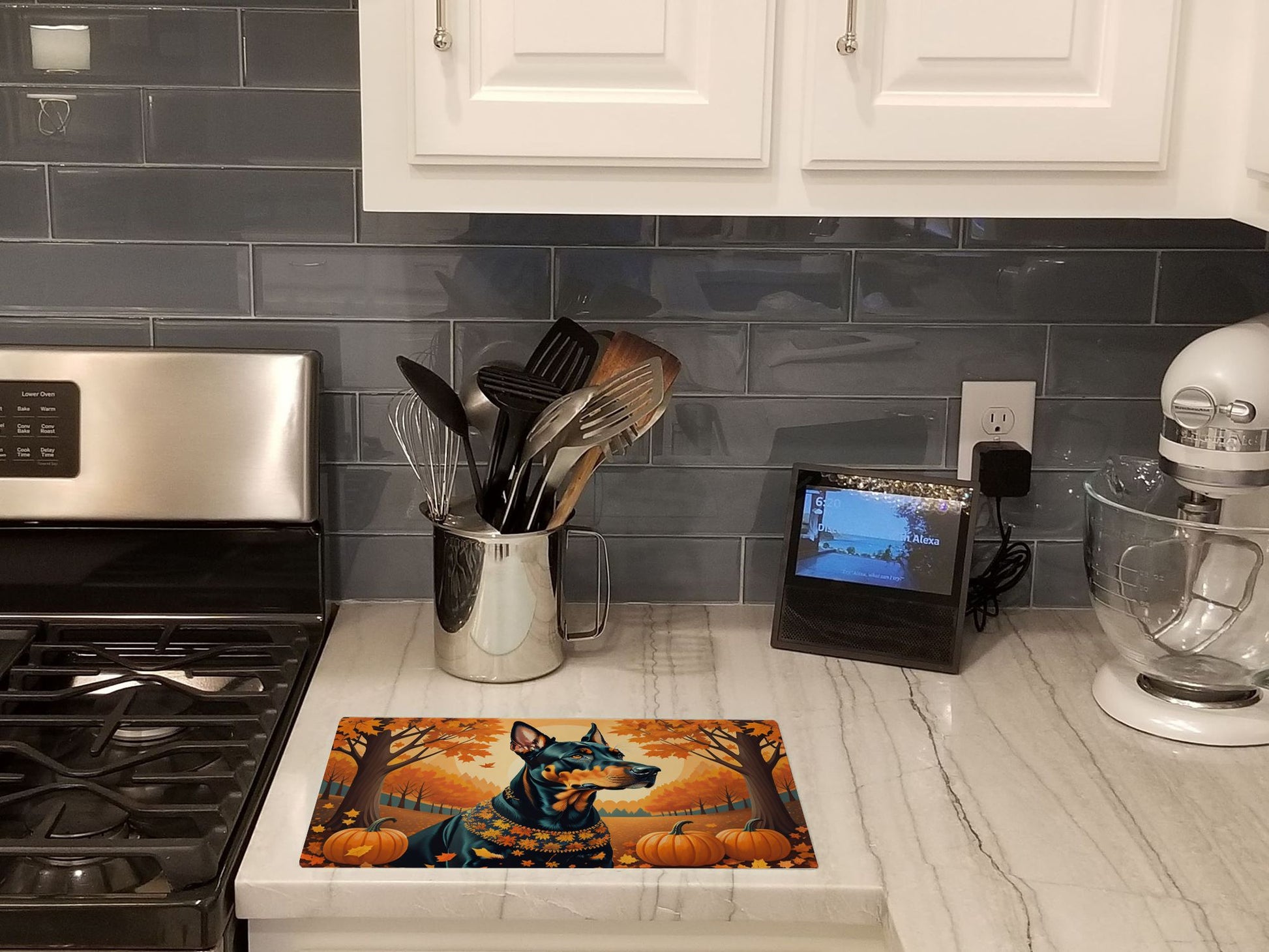 NEW Doberman Pinscher Fall Glass Cutting Board Decorative Tempered Glass Kitchen Cutting and Serving Board Large Size Chopping Board