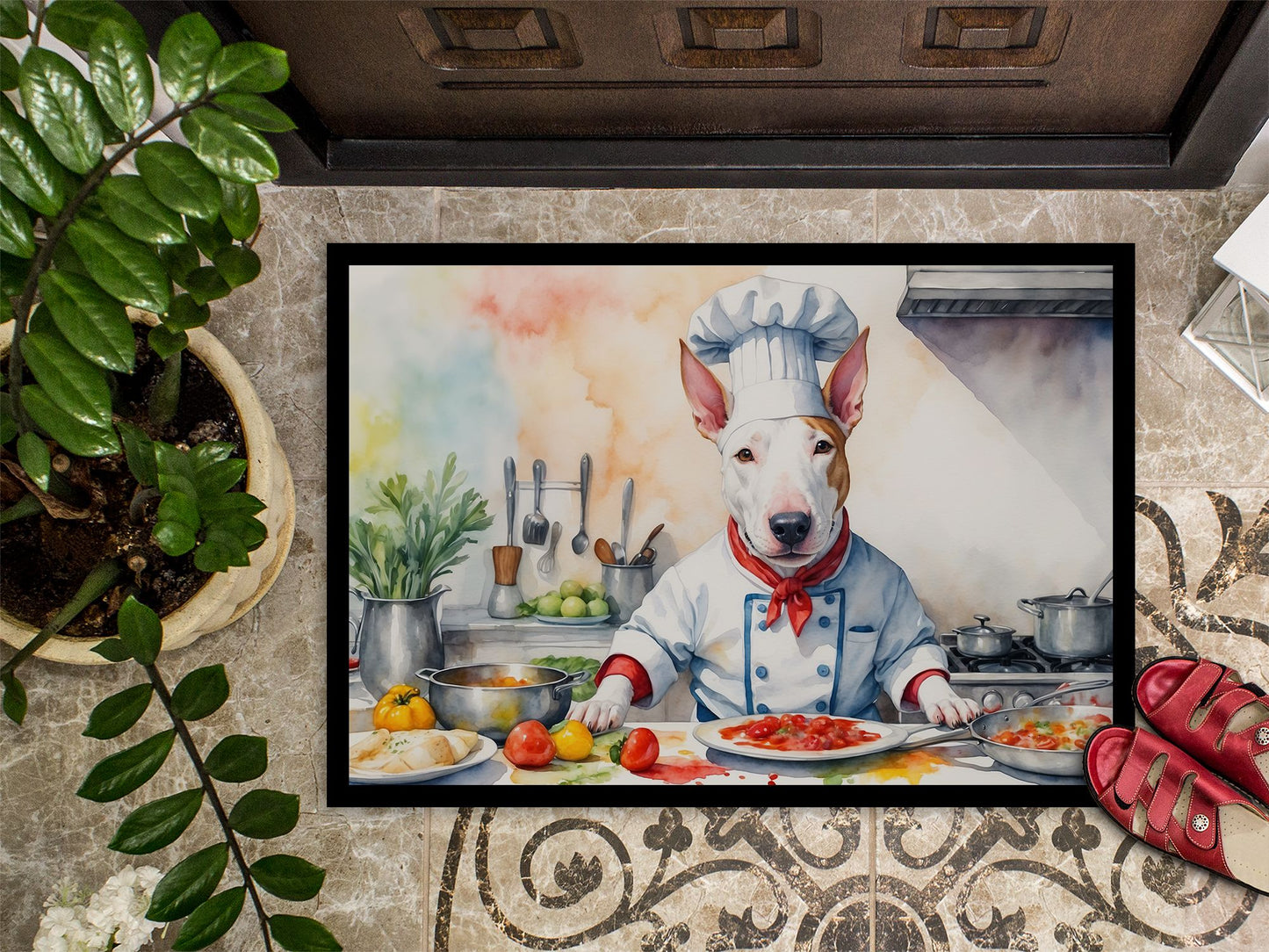 Bull Terrier The Chef Doormat Front Door Mat Indoor Outdoor Rugs for Entryway, Non Slip Washable Low Pile, 24H X 36W