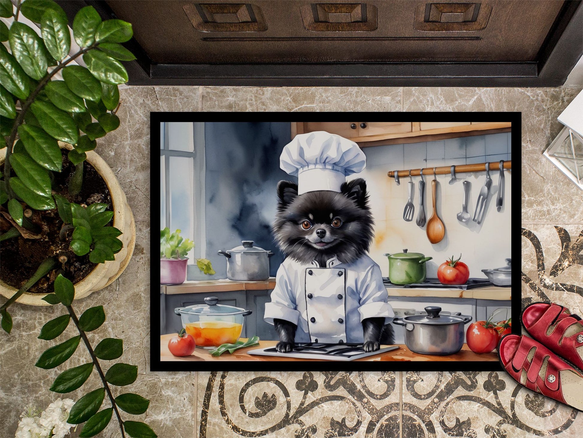 Pomeranian The Chef Doormat Front Door Mat Indoor Outdoor Rugs for Entryway, Non Slip Washable Low Pile, 24H X 36W