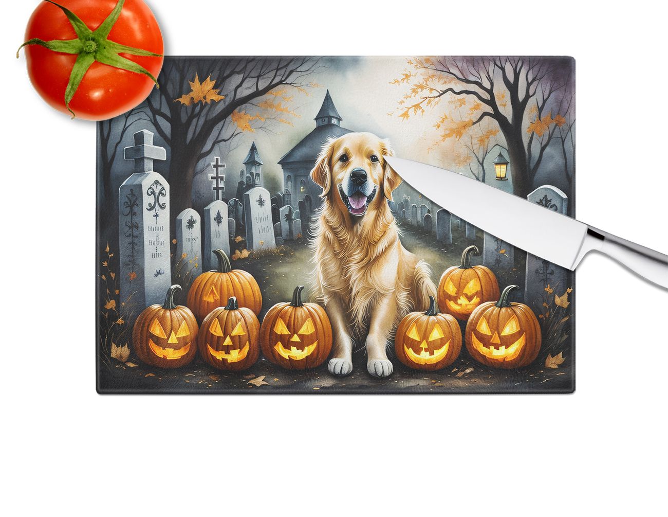 NEW Golden Retriever Spooky Halloween Glass Cutting Board Decorative Tempered Glass Kitchen Cutting and Serving Board Large Size Chopping Board