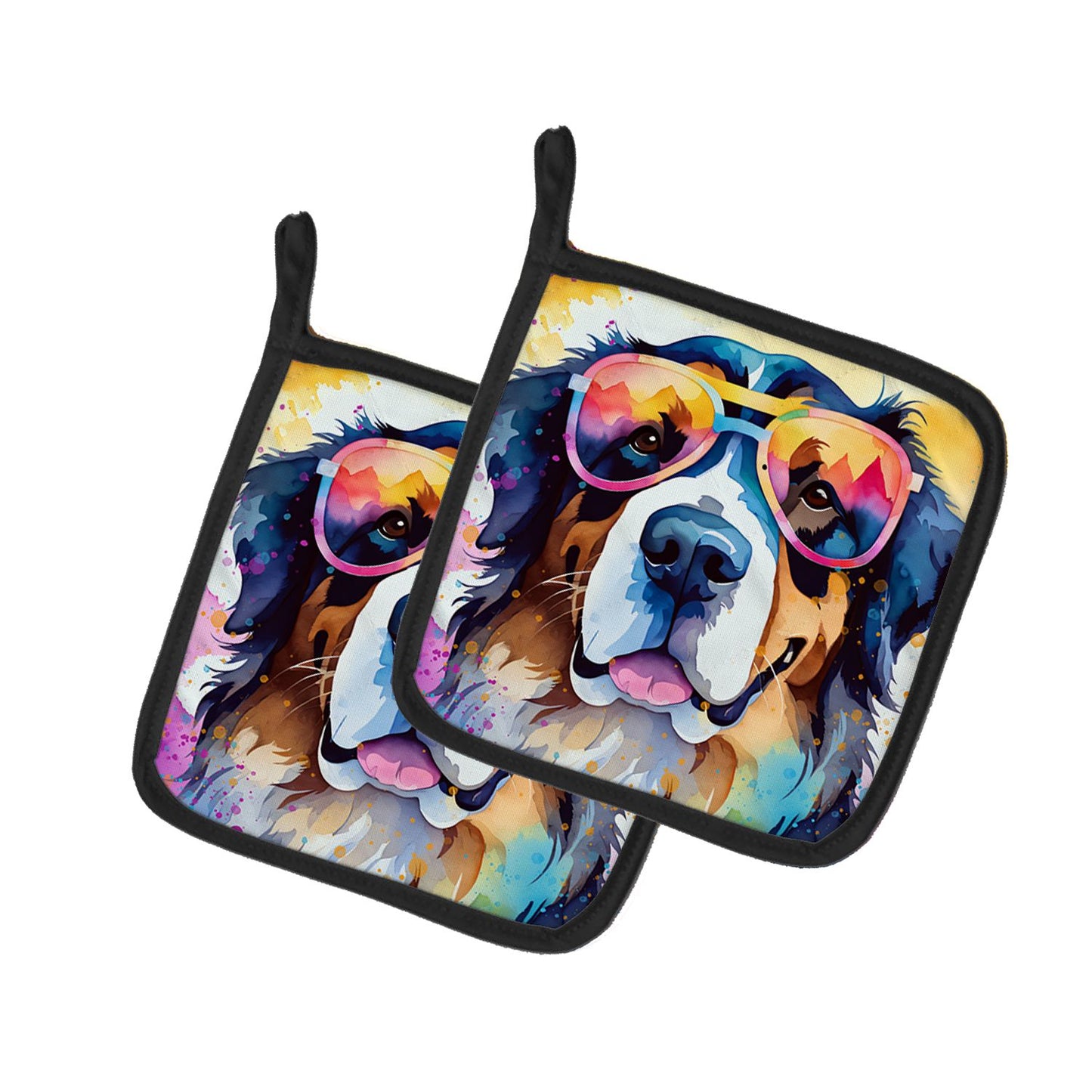 Bernese Mountain Dog Hippie Dawg Pair of Pot Holders Kitchen Heat Resistant Pot Holders Sets Oven Hot Pads for Cooking Baking BBQ, 7 1/2 x 7 1/2