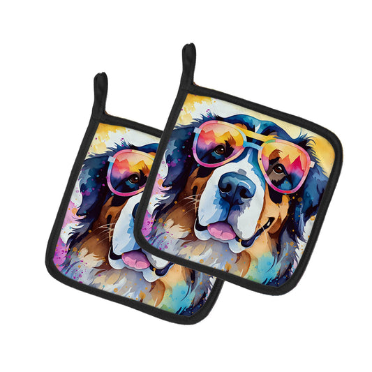 Bernese Mountain Dog Hippie Dawg Pair of Pot Holders Kitchen Heat Resistant Pot Holders Sets Oven Hot Pads for Cooking Baking BBQ, 7 1/2 x 7 1/2