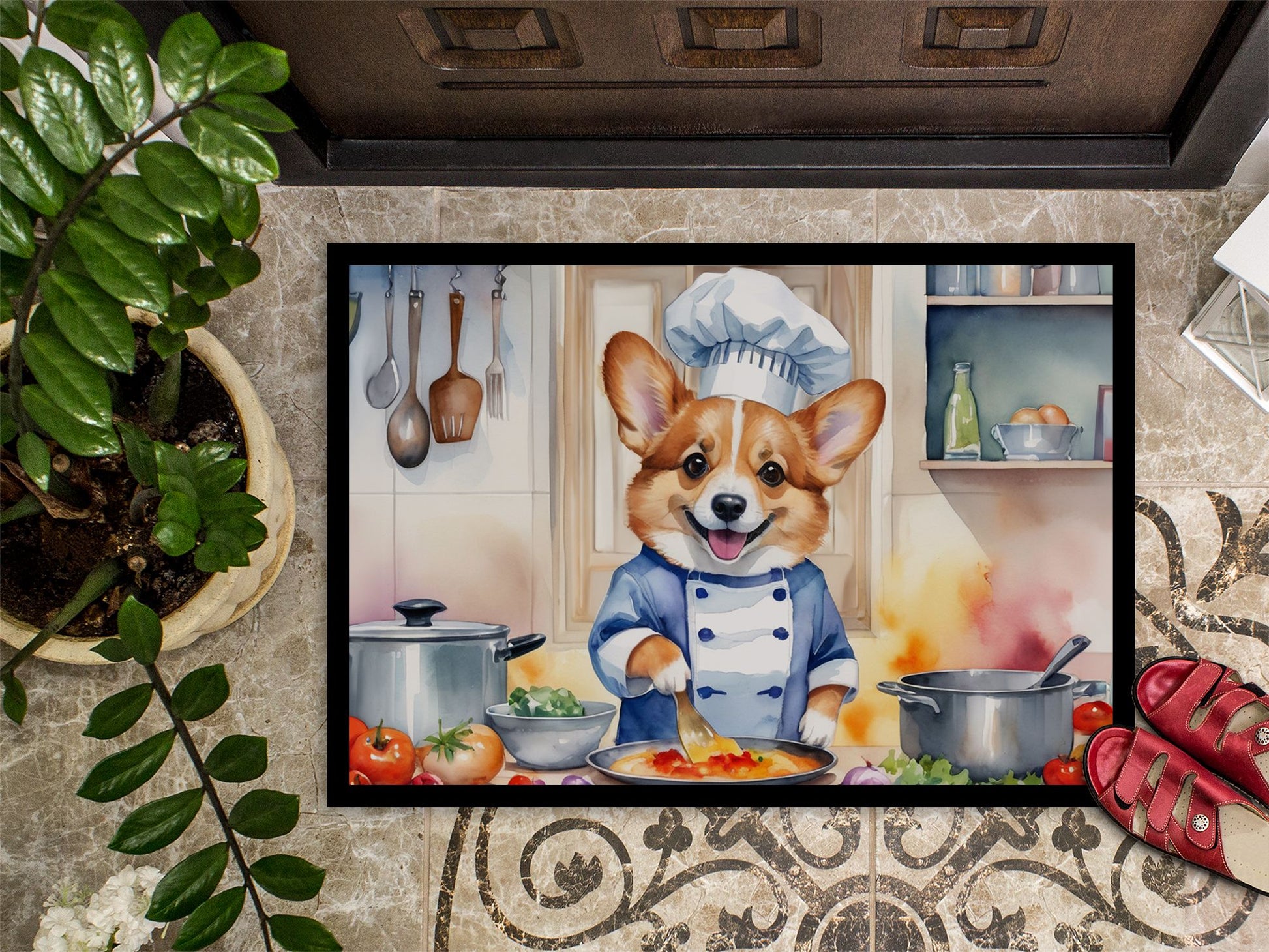 Corgi The Chef Doormat Front Door Mat Indoor Outdoor Rugs for Entryway, Non Slip Washable Low Pile, 24H X 36W