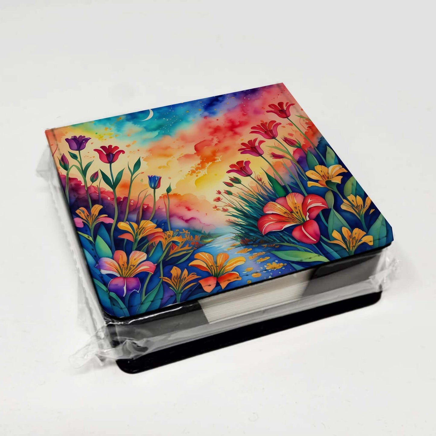 Colorful Alstroemerias PU Leather Note Paper Holder with Artist-Designed Cover, Desk Accessory, Office Gift