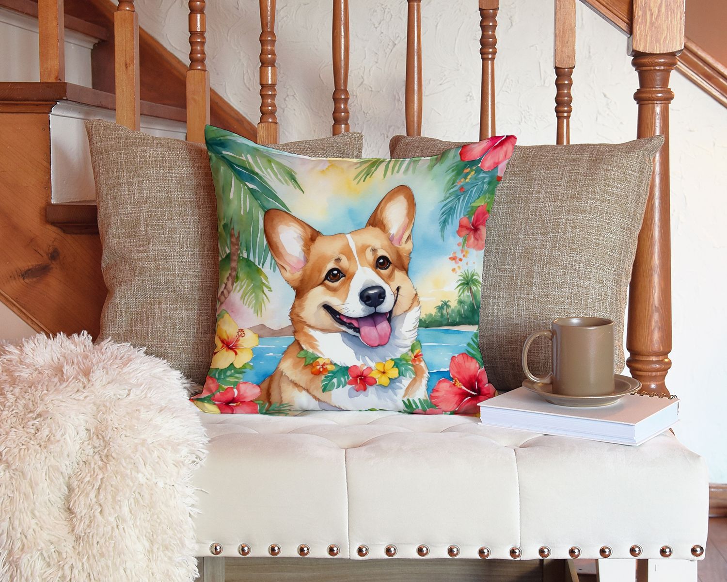 Corgi Luau Throw Pillow Machine Washable, Indoor Outdoor Decorative Pillow for Couch, Bed or Patio, 14Hx14W