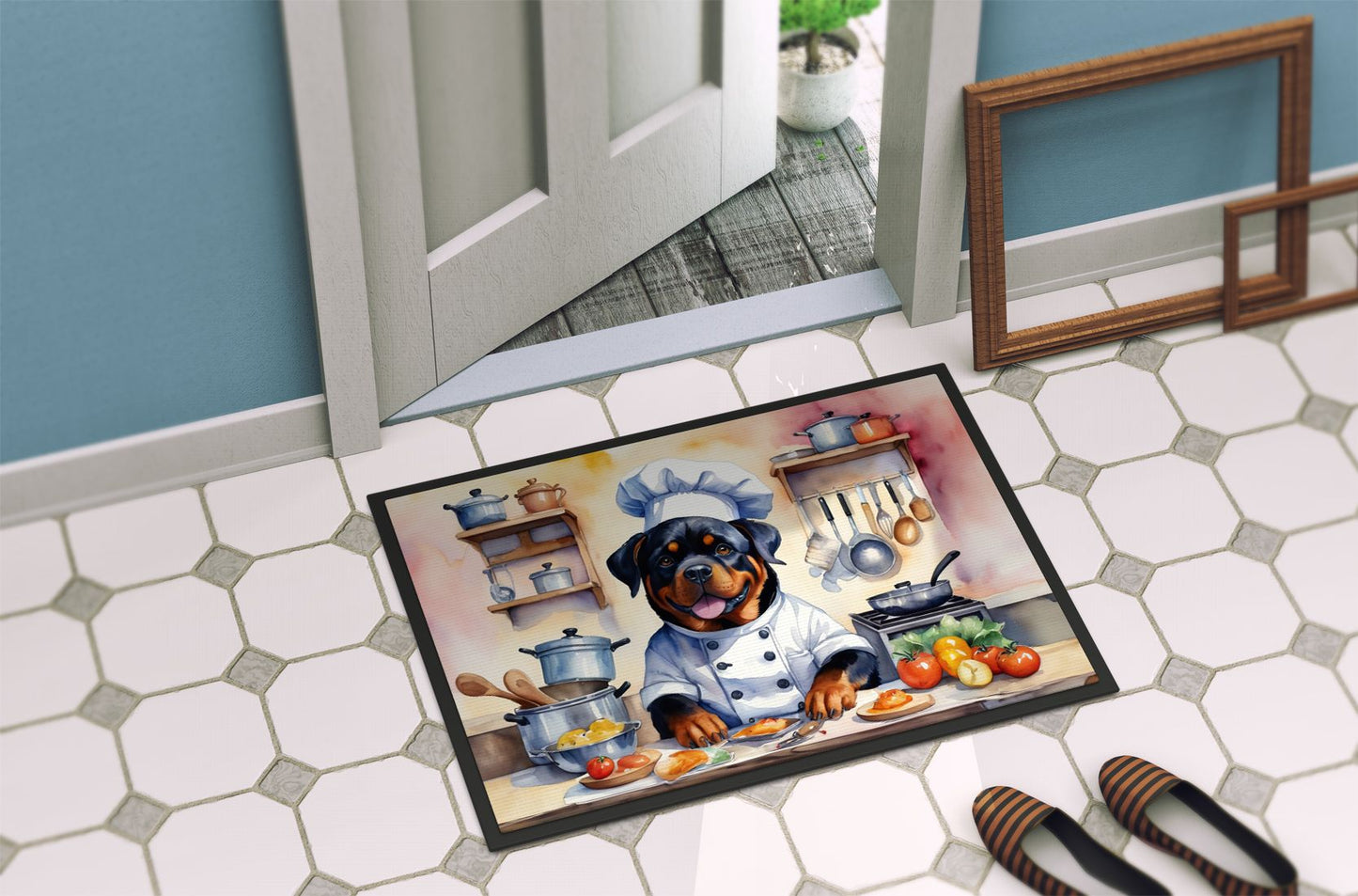 NEW Rottweiler The Chef Doormat Front Door Mat Indoor Outdoor Rugs for Entryway, Non Slip Washable Low Pile, 18H X 27W